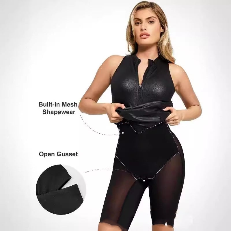 Das Shapewear-Kleid aus Leder mit Stehkragen in Midilänge