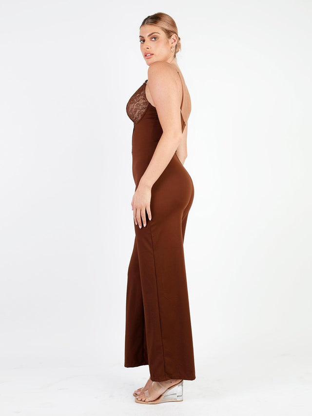 The Shapewear Jumpsuit Lace Deep V-Neck Wide-Leg Slip